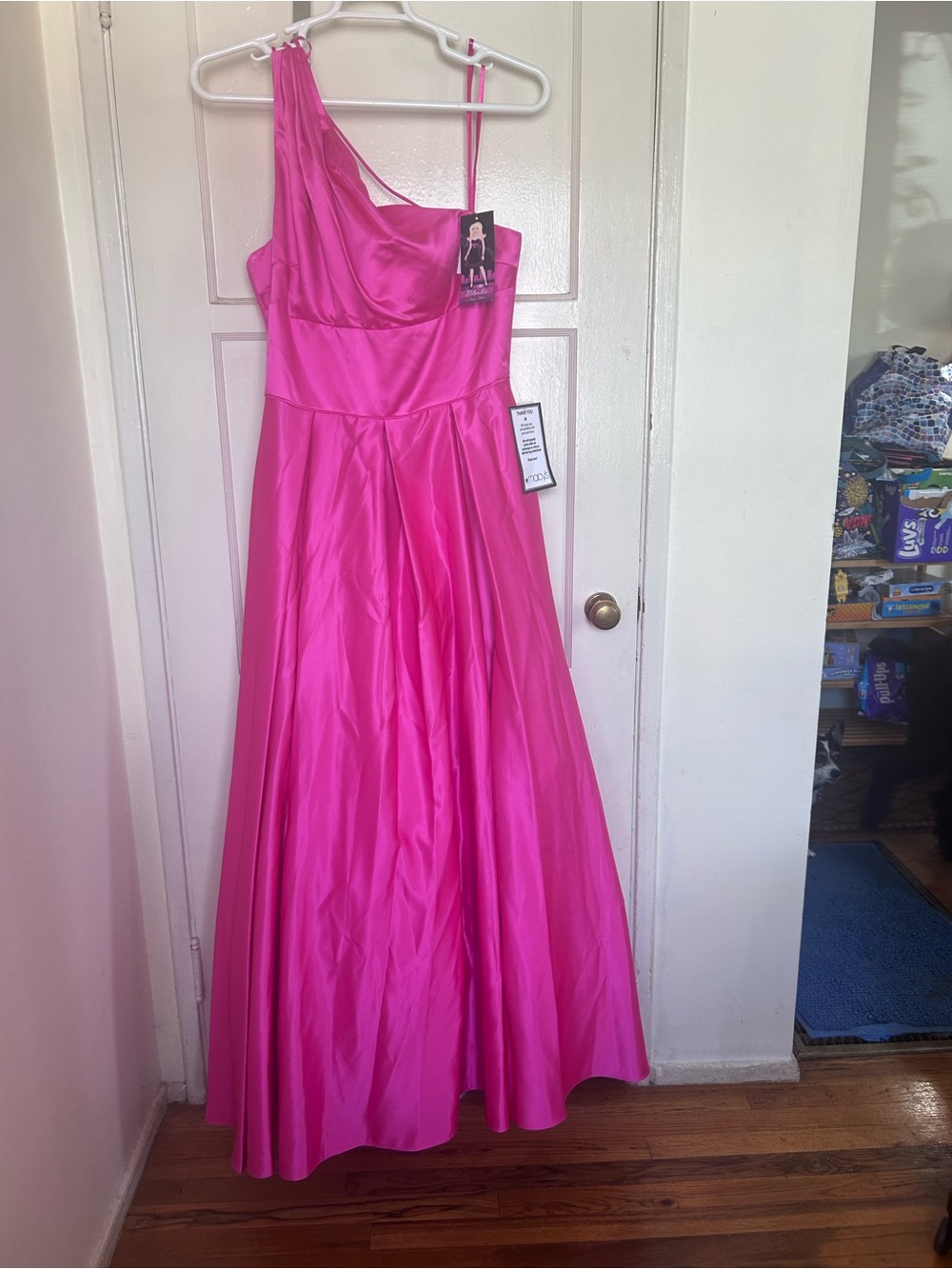 Blondie Nites Hot Pink One-Shoulder Satin Evening Dress